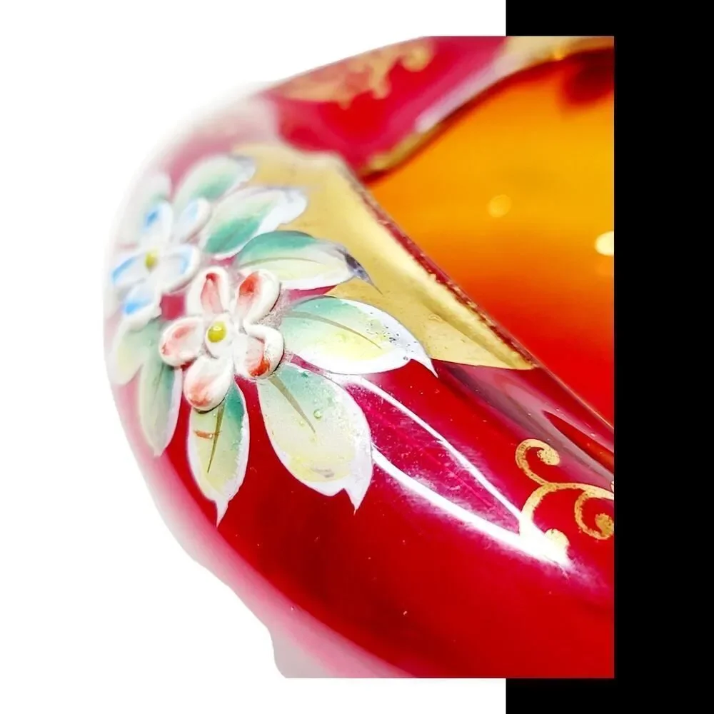 Vtg Hand Painted Bohemian Czech Ruby Red 22K‎ Gold Dish Ashtray Enamel Flowers